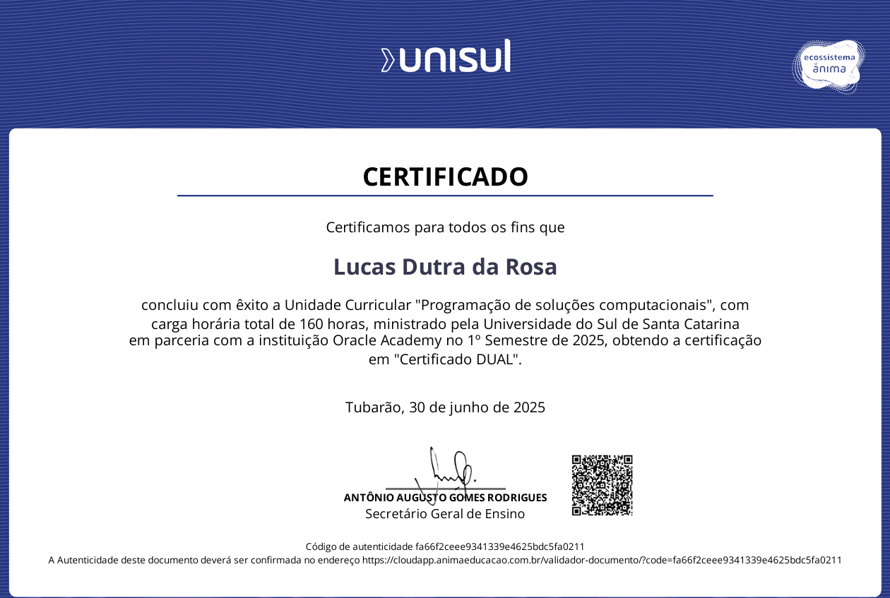 Certificado Programção de Soluções Computacionais - UNISUL