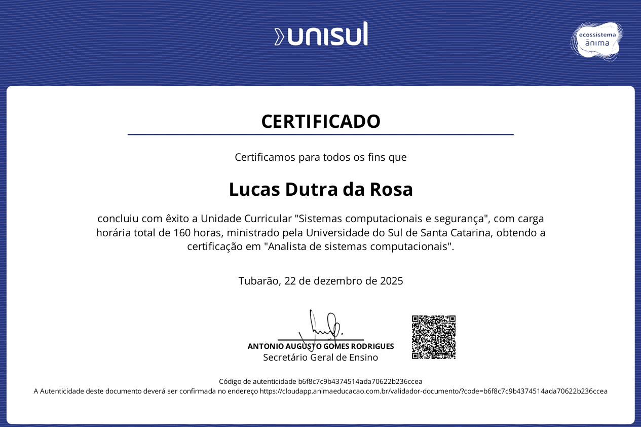 Certificado Sistemas Computacionais e Segurança - UNISUL